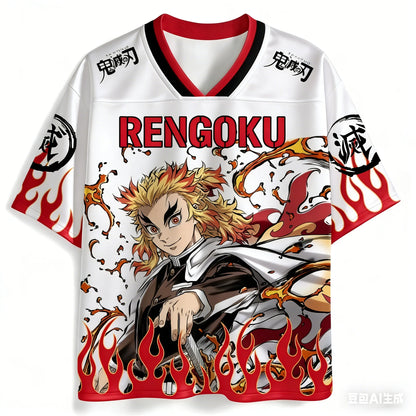 Demon Slayer Kyojuro Rengoku Flame Hashira Oversize V-Neck Jersey Unisex Streetwear Daily Casual Outfit T-shirt for Anime Fans