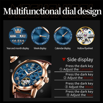 OLEVS 6668 Top Brand Men's Watches Trend Fashion Automatic Mechanical Wristwatch Leather Strap Waterproof Luminous Watch for Man