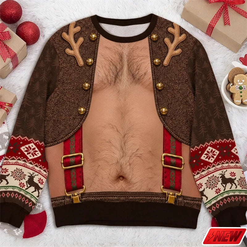 Xmas Sweatshirt Men Funny Cosplay 3D Print Fake Sweater Knit Reindeer Snowflake Pattern Festive Gift New Long Sleeve Sweatshirt