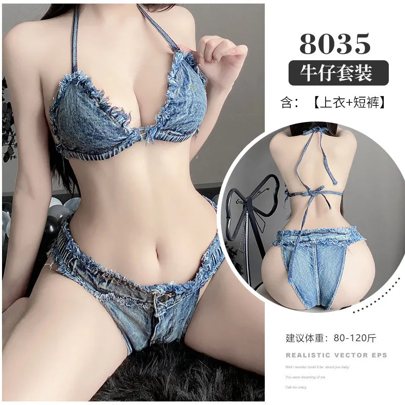 Sexy Low-rise Open Crotch Shorts Bodysuit with Distressed Denim Nightclub Lingerie Set