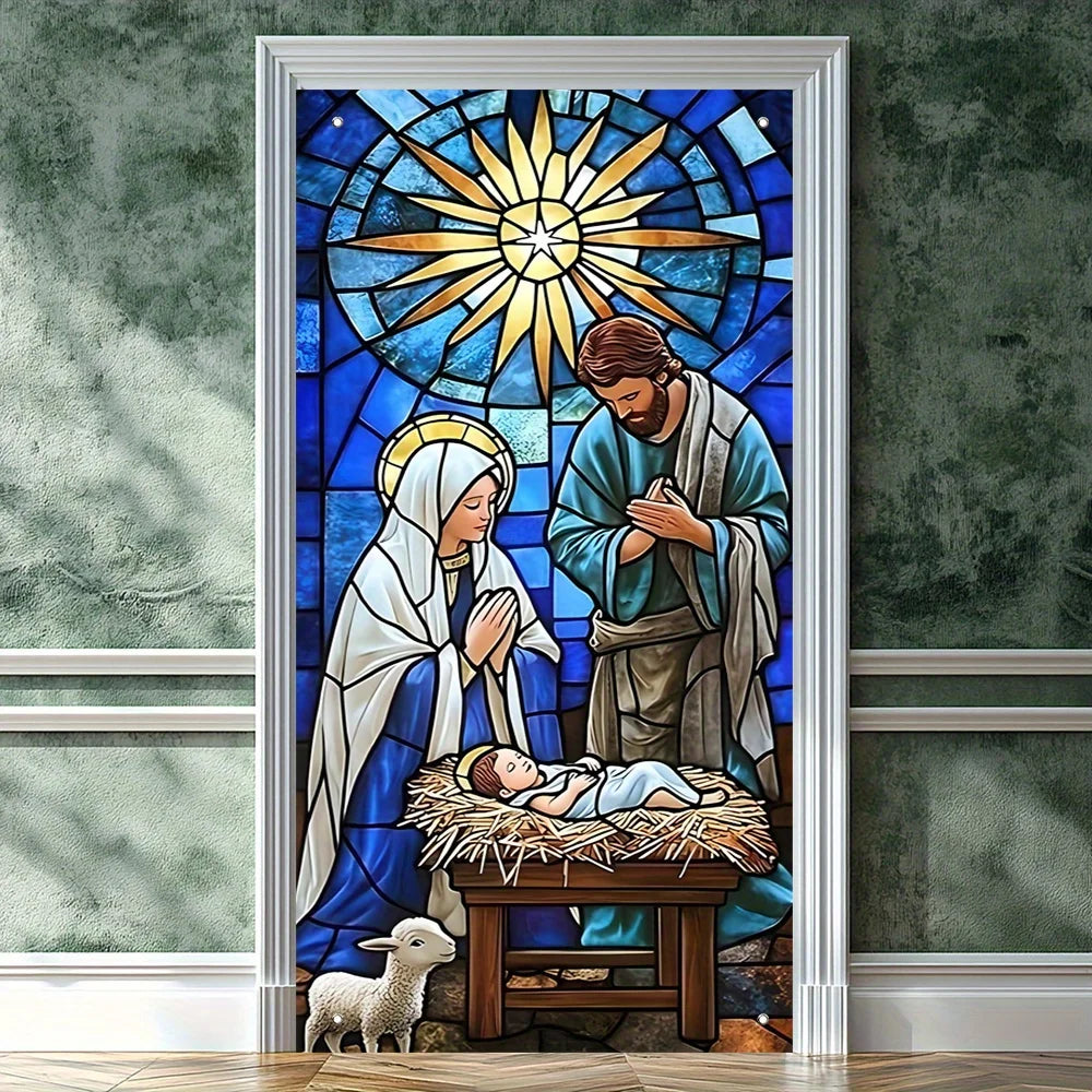 180x90cm Christmas Nativity Scene Door Banner Home Religious Wall Decoration Christmas Indoor Outdoor Hanging Decorations
