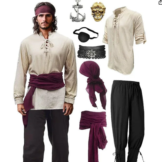 Men's Pirate Costume Set, Medieval Caribbean Pirate Outfit with Headband, Eye Patch, Belt, Halloween Cosplay Party Fancy Dress