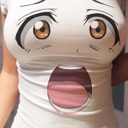 Funny Women T-shirt 3D Eyes Printed T-shirt Summer New Sexy Anime Cartoon Cute Expression Straight Short Sleeve Ladies Slim Tops