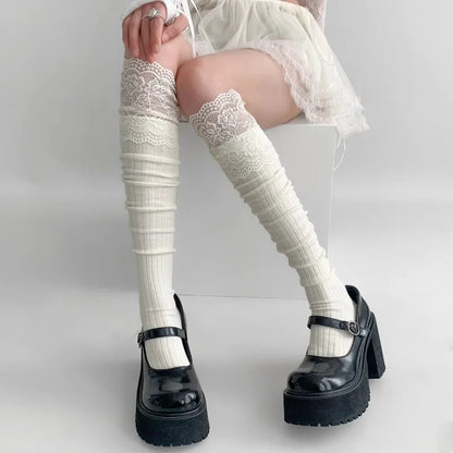 Women's Lace Trim Over the Knee Socks Lolita Ruffle Top Thigh High Stockings Japanese Style Knit Long Socks Casual Slouch Socks