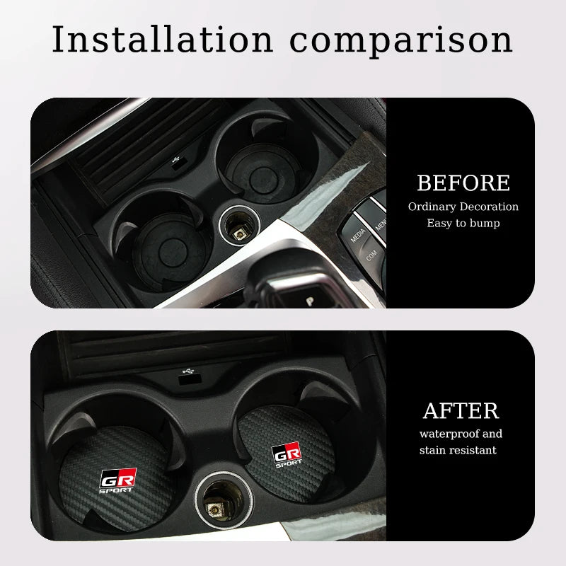 2Pcs Car Carbon Leather Water Cup Pad Anti-noise Coaster For Toyota GR Corolla Yaris Aygo Prius CHR Camry Auris Avensis Cruiser