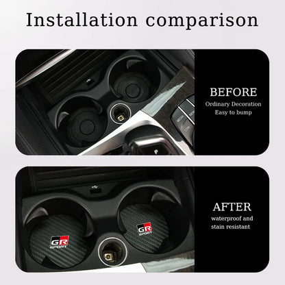 2Pcs Car Carbon Leather Water Cup Pad Anti-noise Coaster For Toyota GR Corolla Yaris Aygo Prius CHR Camry Auris Avensis Cruiser