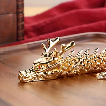 3D Alloy Golden Dragon Statue with Movable Limbs - Home Desktop Decoration Symbol of Power And Good Luck