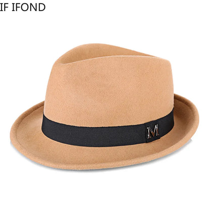 Men Winter Thick Warm Felt Fedora Hats Wool Gentleman Jazz Cap Homburg Male Classical Narrow Brim Top Hat