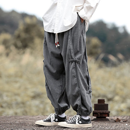 New Chinese Style Hanfu Cargo Pants Man Outdoor Buckle Design Stereo Clipping Japanese Casual Pants Elastic Waist Hallen Pants
