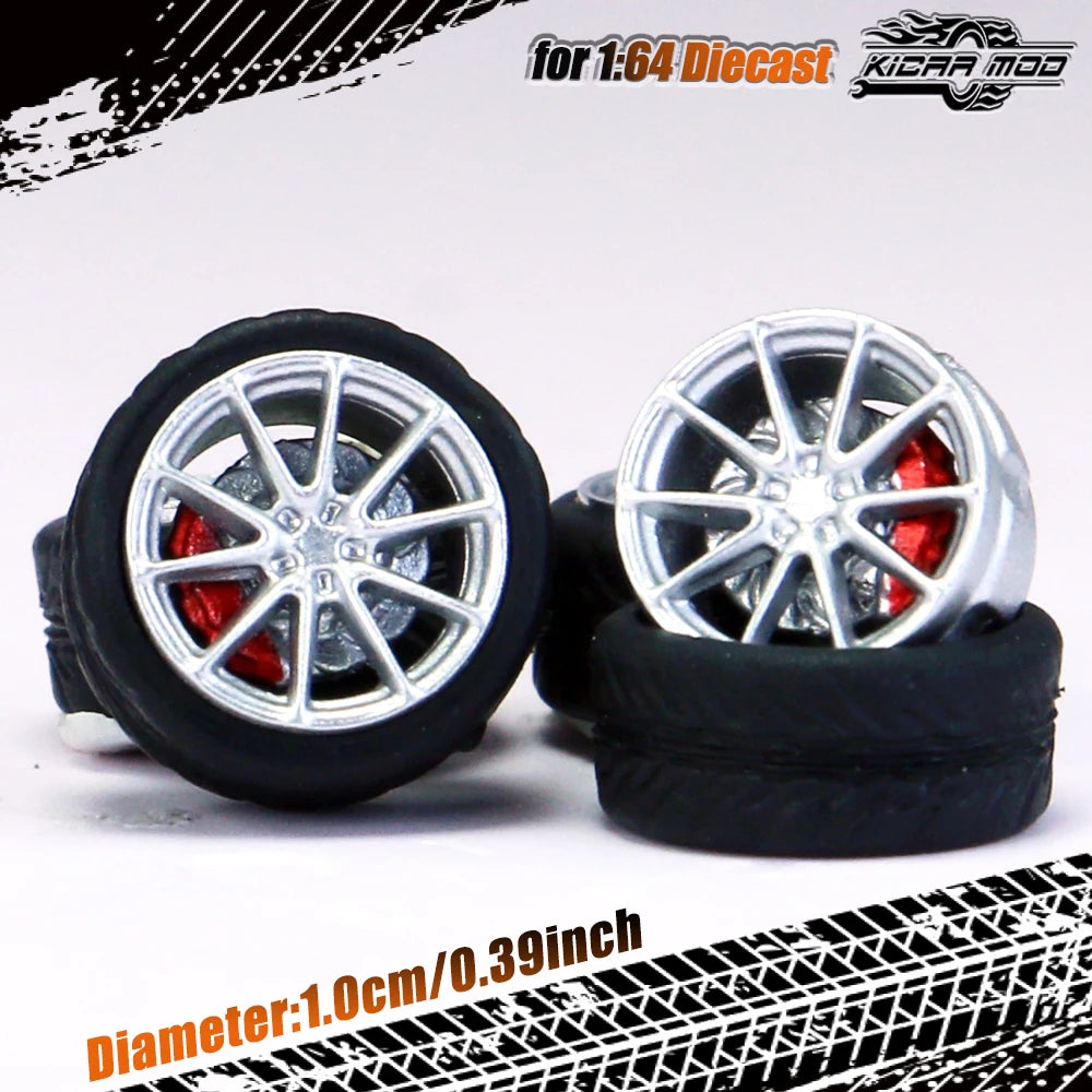 Kicarmod 1/64 Model Car ABS Wheels with Rubber Tire Brake Disc Refitting Parts Diameter 10mm For Model Car Tomica