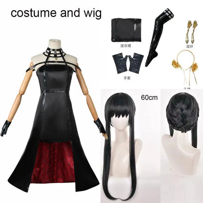 Yor Forger Cosplay Costume Headband Elastic Thigh Stockings Tights Highs Wig Earrings Yor Forger Dress Full Set for Comic Con