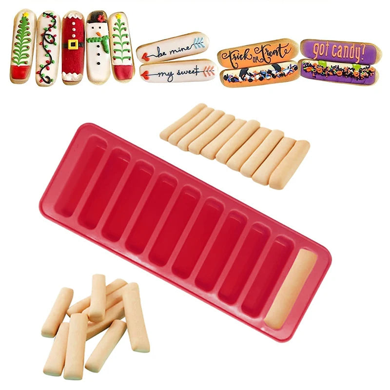 Long Strip Silicone Mold 10 Cavity Finger Shaped Chocolate Rectangular Cereal Chocolate Bar Cookie Ice Cube Trays Baking Tools