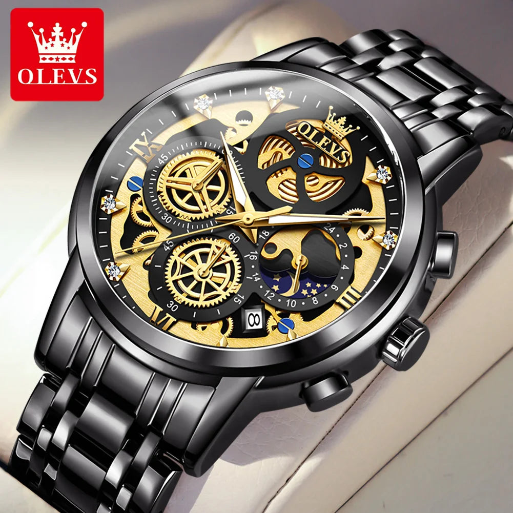 OLEVS Men's Watches Top Brand Luxury Original Waterproof Quartz Watch for Man Gold Skeleton Style 24 Hour Day Night New
