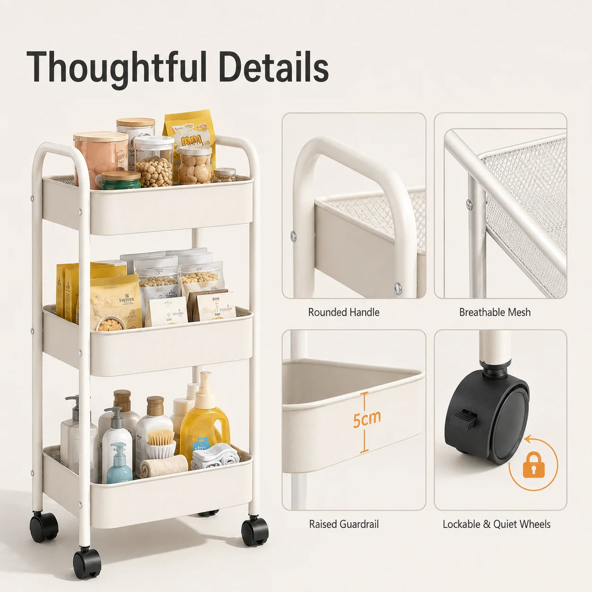 3-Tier Slim Rolling Storage Cart, 66 cm High Metal Utility Trolley for Kitchen, Bathroom and Laundry Room