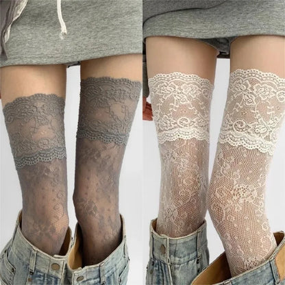 Women's Sexy Lace Floral Fishnet Stockings Costumes JK Lolita Thigh High Socks Nylon Mesh Breathable Over The Knee Stockings