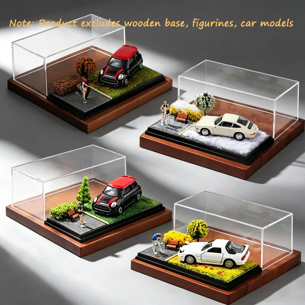 New 1:64 Car Model Scene Display Box Trendy Model Ornament Spring Summer Autumn Winter Four‑Season Grass Base Home Decorations