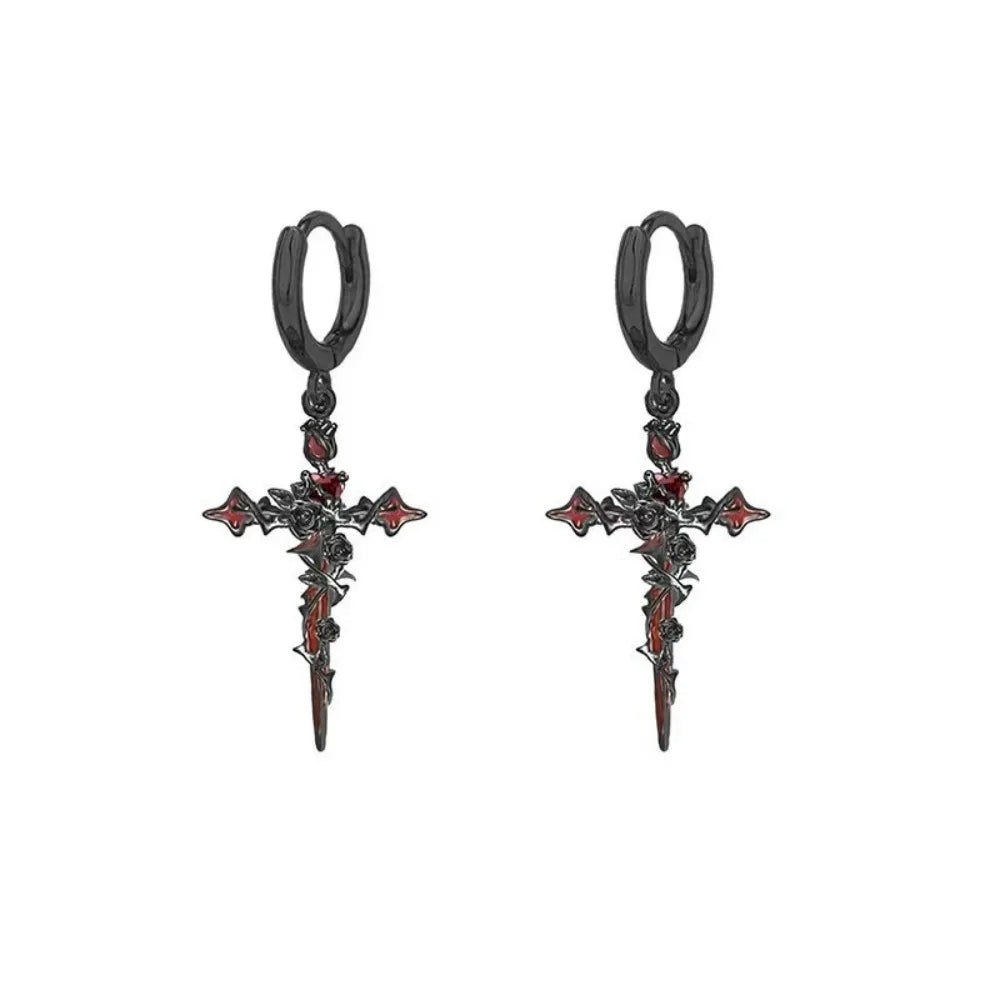 Punk Thorn Rose Cross Earrings Sweet Cool Dark Style Earring Pendant Necklace Party Halloween Jewelry
