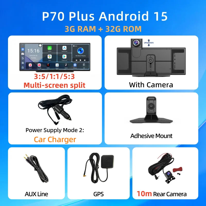 Imagebon P70Plus 11.4" Android 15 8Core 6+128G CarPlay Android Auto Dash Cam Split Screen Video Recorder WiFi YouTube AI GPS DVR