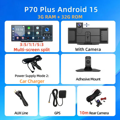 Imagebon P70Plus 11.4" Android 15 8Core 6+128G CarPlay Android Auto Dash Cam Split Screen Video Recorder WiFi YouTube AI GPS DVR