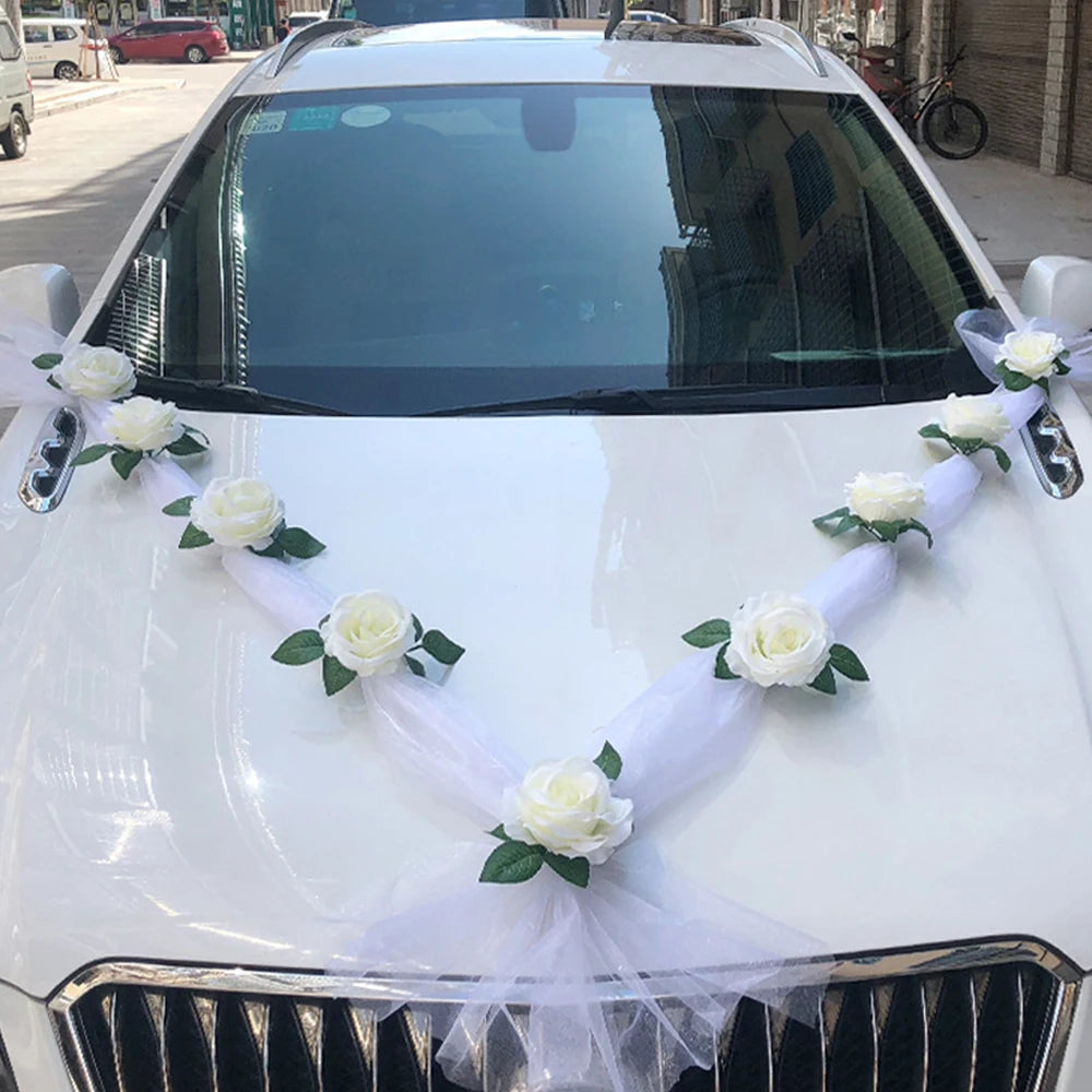 Wedding Car Decoration Set 9Pcs White Artificial Rose Flowers with 160cm Organza Ribbon Bridal Car Decor