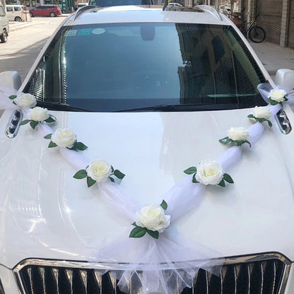 Wedding Car Decoration Set 9Pcs White Artificial Rose Flowers with 160cm Organza Ribbon Bridal Car Decor