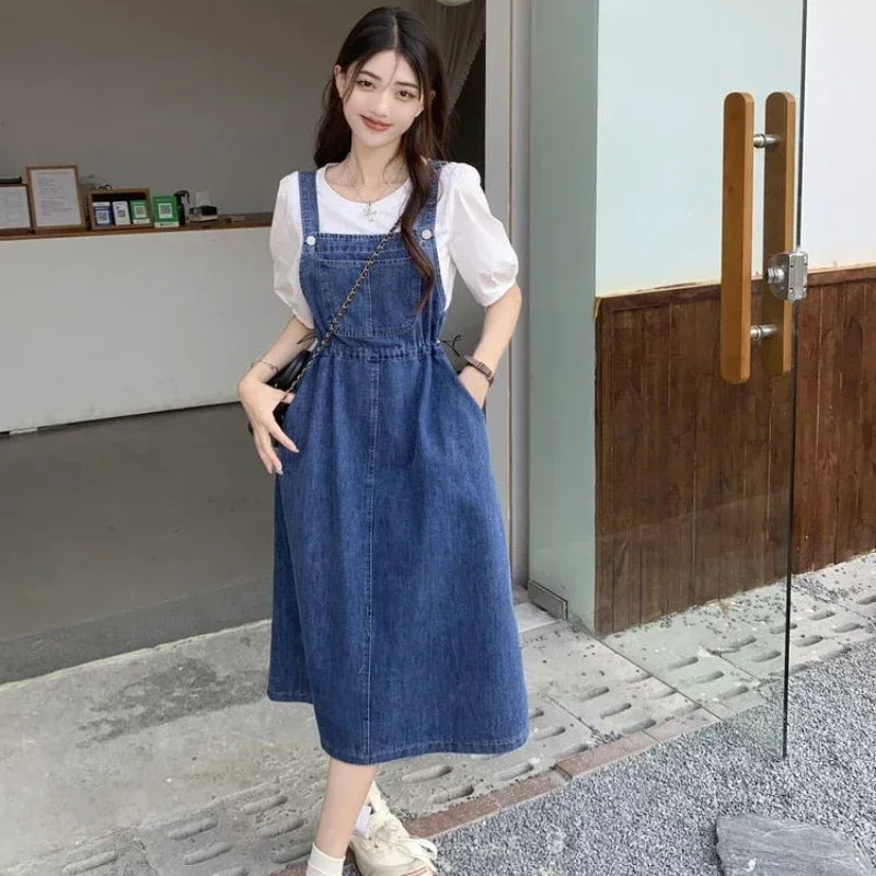 New 2025 Fashion Women's Denim Suspender Dress Causal Female High Waist A-line Solid Strap Jean Dresses Woman