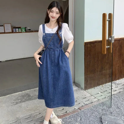 New 2025 Fashion Women's Denim Suspender Dress Causal Female High Waist A-line Solid Strap Jean Dresses Woman