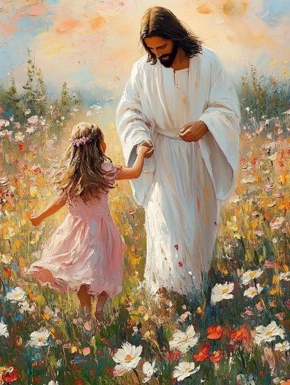 Graffiti Christian Jesus With Child Art Posters Christian Faith Jesus Walking In Flower Field Canvas Painting Bedroom Home Decor