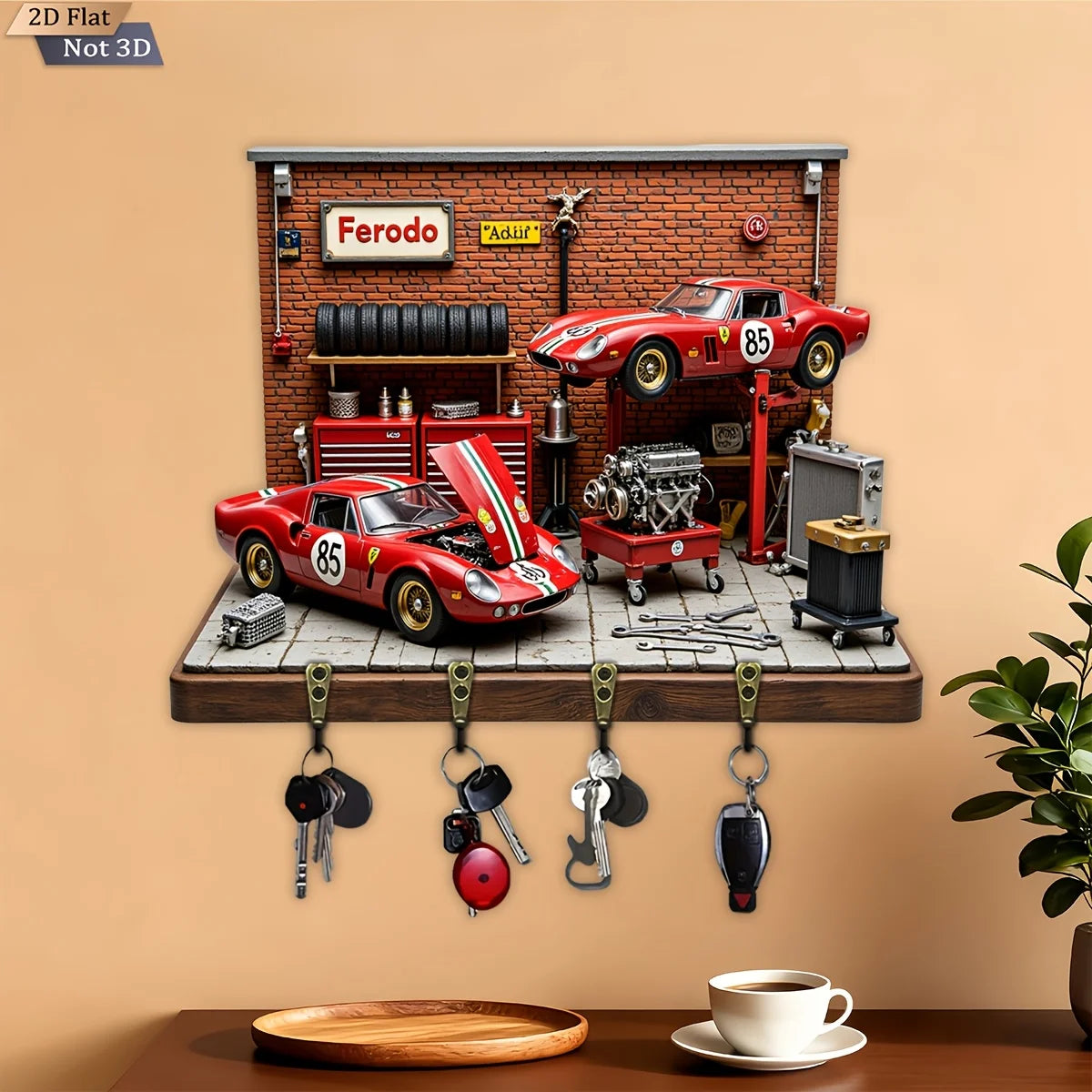 2D Flat, 1pc, Classic Racing Theme Style Key Hook, Wooden Multifunctional Home Key Rack, with Four Metal Hooks, Wall