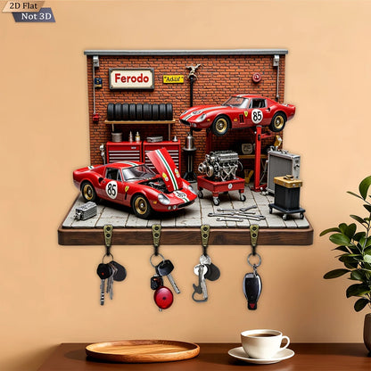 2D Flat, 1pc, Classic Racing Theme Style Key Hook, Wooden Multifunctional Home Key Rack, with Four Metal Hooks, Wall