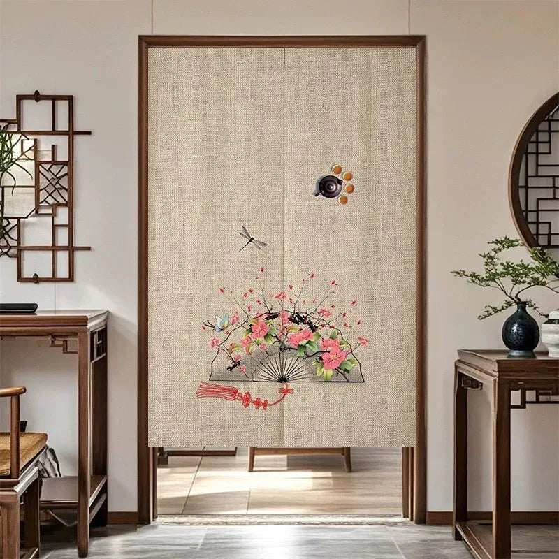 VIKAMA Chinese Zen Style Noren Door Curtain - Linen Texture Noren Curtain for Home Bedroom Kitchen Partition Decor