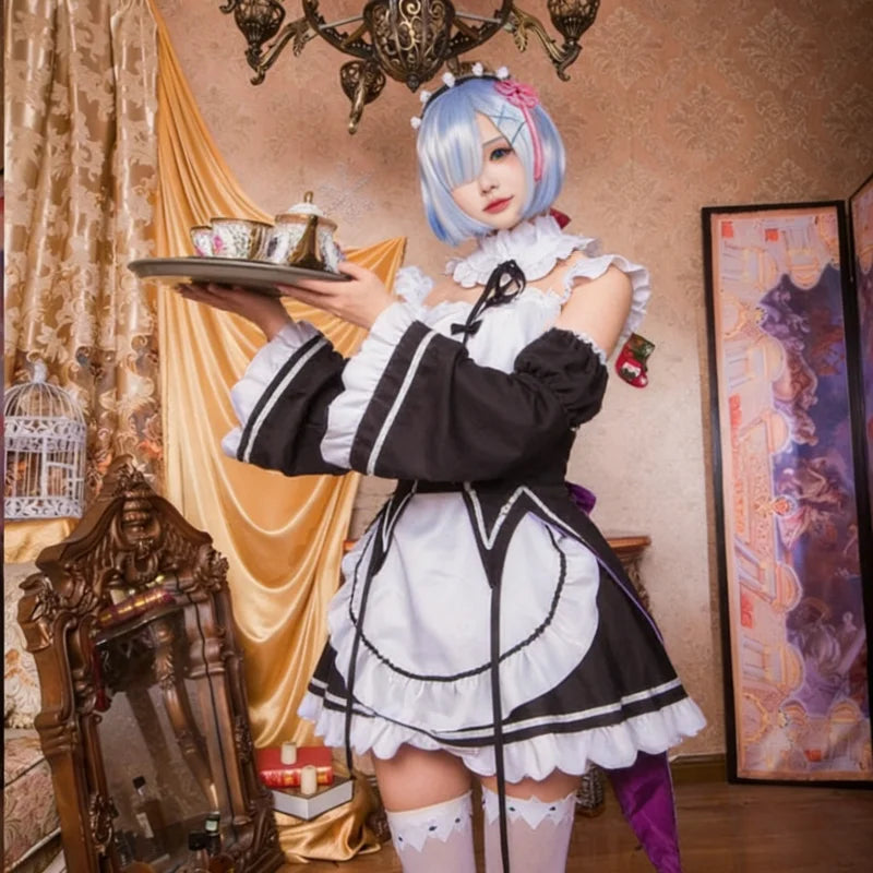 Rem Ram Cosplay Costume Anime Re Life in A Different World From Zero Cos Dress Maid Outtift Full Set Women Christmas Halloween
