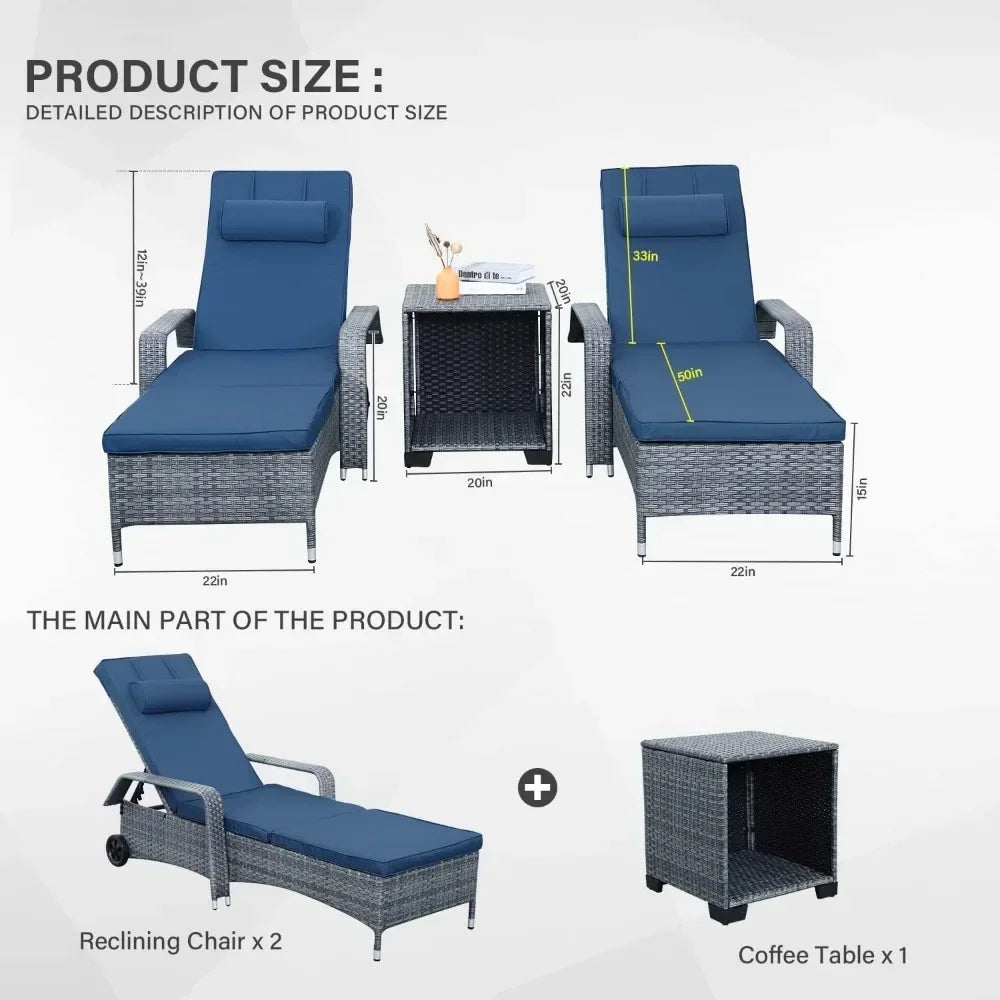 # Hot Patio Rattan Chaise Lounge With Rolling Wheels Adjustable Reclining Backrest 3-Piece PE Wicker Sun Bathing Chair Furniture