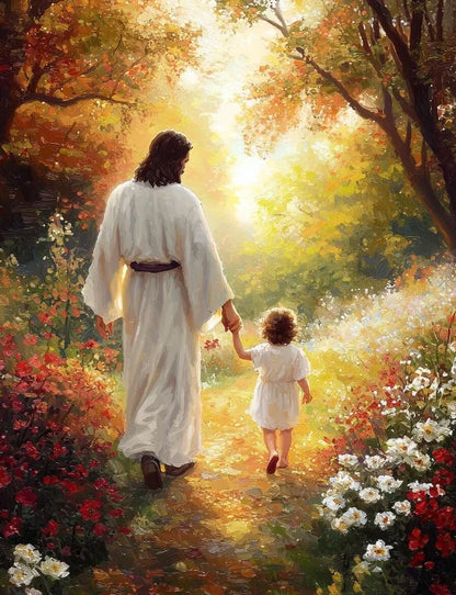 Graffiti Christian Jesus With Child Art Posters Christian Faith Jesus Walking In Flower Field Canvas Painting Bedroom Home Decor