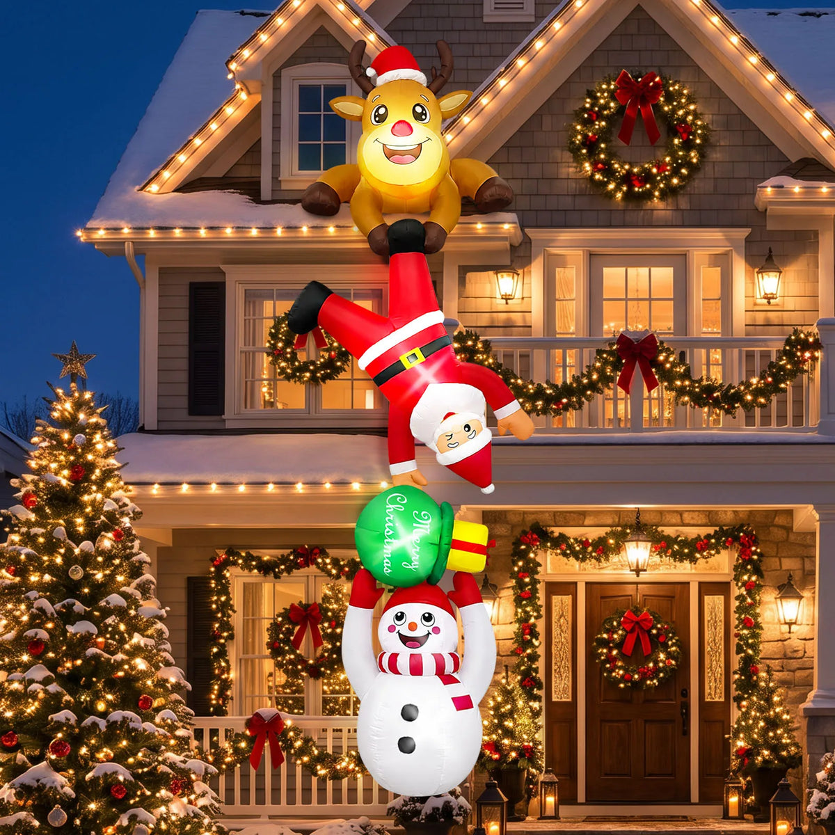 12FT Christmas Inflatable Decoration Reindeer Snowman Gift Bag,Suitable for Outdoor Yard Patio Holiday Decor