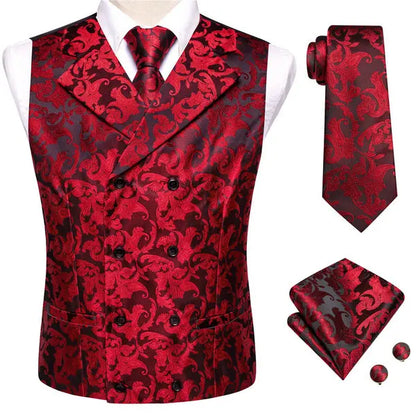 Formal Men V-Neck Waistcoat 4-in-1 Set Vest Tie Pocket Square Cufflinks Wedding Dress Accessory