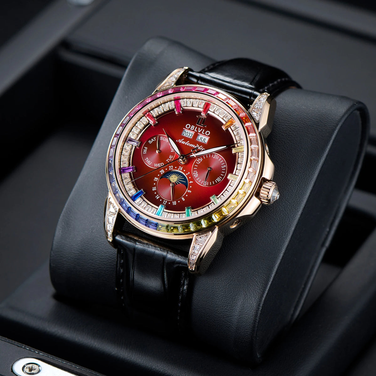 OBLVLO Men's Fashion Automatic Watch Colorful Zircon Moonphase Mechanical Multifunctional Black Leather Strap Timepiece GCM-MUT