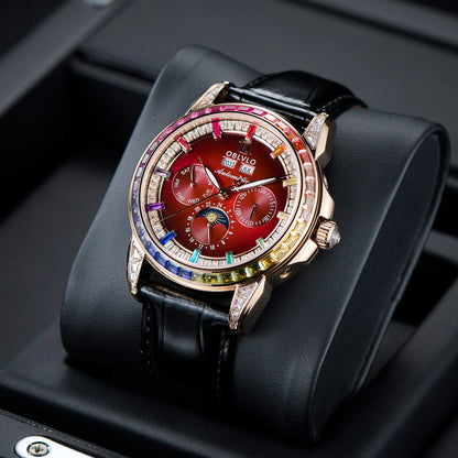OBLVLO Men's Fashion Automatic Watch Colorful Zircon Moonphase Mechanical Multifunctional Black Leather Strap Timepiece GCM-MUT