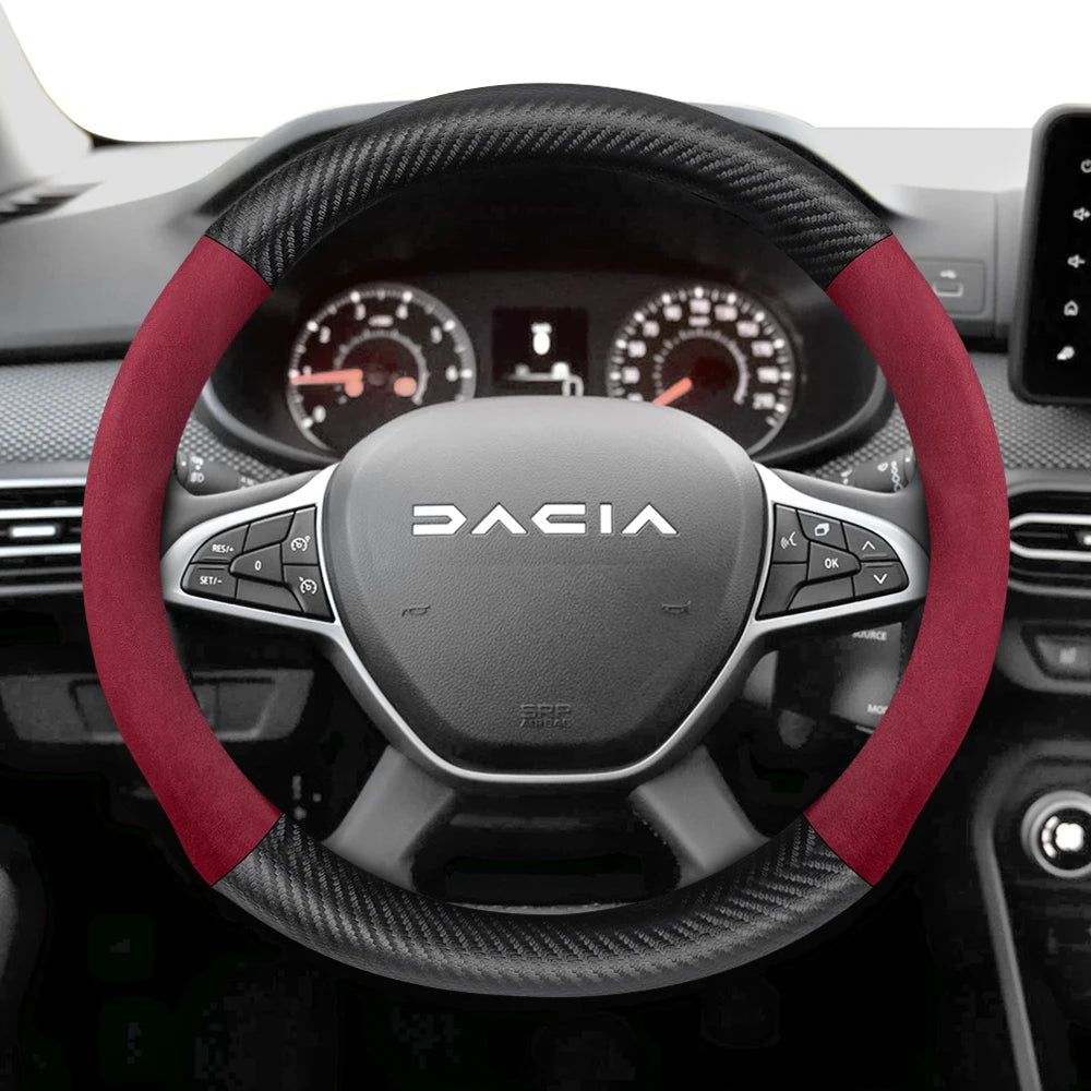 Suitable for Dacia Suede Matte Carbon Fiber Texture Steering Wheel Cover, Suitable for Models Such as Sandero Stepway, Duster, Jogger, Bigster, Spring, Electric, Cargo, Logan, Etc., Black Mocha Car Accessories