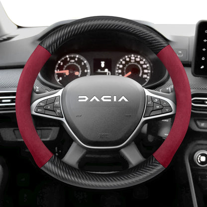 Suitable for Dacia Suede Matte Carbon Fiber Texture Steering Wheel Cover, Suitable for Models Such as Sandero Stepway, Duster, Jogger, Bigster, Spring, Electric, Cargo, Logan, Etc., Black Mocha Car Accessories