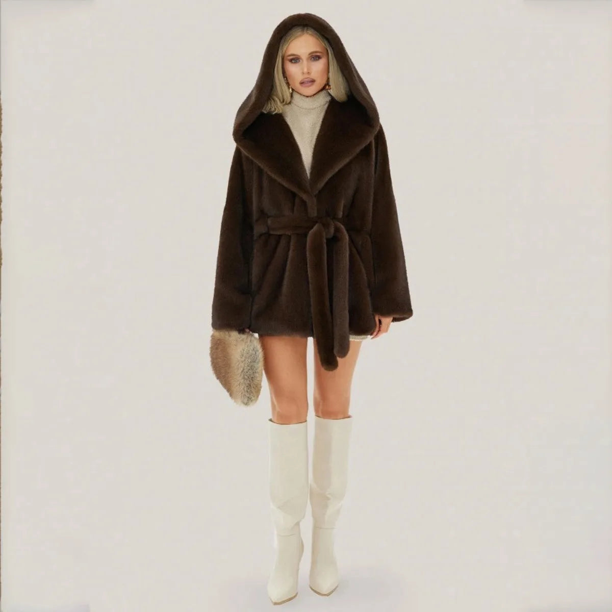 IG Women Dark Brown Hooded Faux Fur Coat Waist Tie Belt Wrap Front Mid Short Plush Fluffy Jacket Cuffed Sleeve Luxury Warm