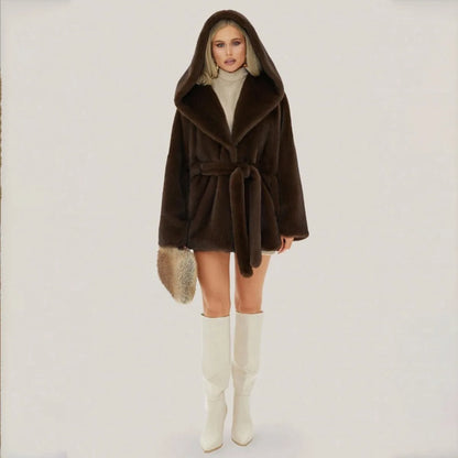 IG Women Dark Brown Hooded Faux Fur Coat Waist Tie Belt Wrap Front Mid Short Plush Fluffy Jacket Cuffed Sleeve Luxury Warm