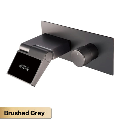 Luxury Gun Gray Brass Wall Mounted Bathroom Faucet with LED Digital Display Single Handle Hot & Cold Water Embedded Bathroom Tap