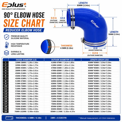 EPLUS Universal 4-Ply 90 DegreesSilicone Silicone Hose Coupler Reinforced Turbo Intake Intercooler Pipe Joiner Adapter Blue Blac