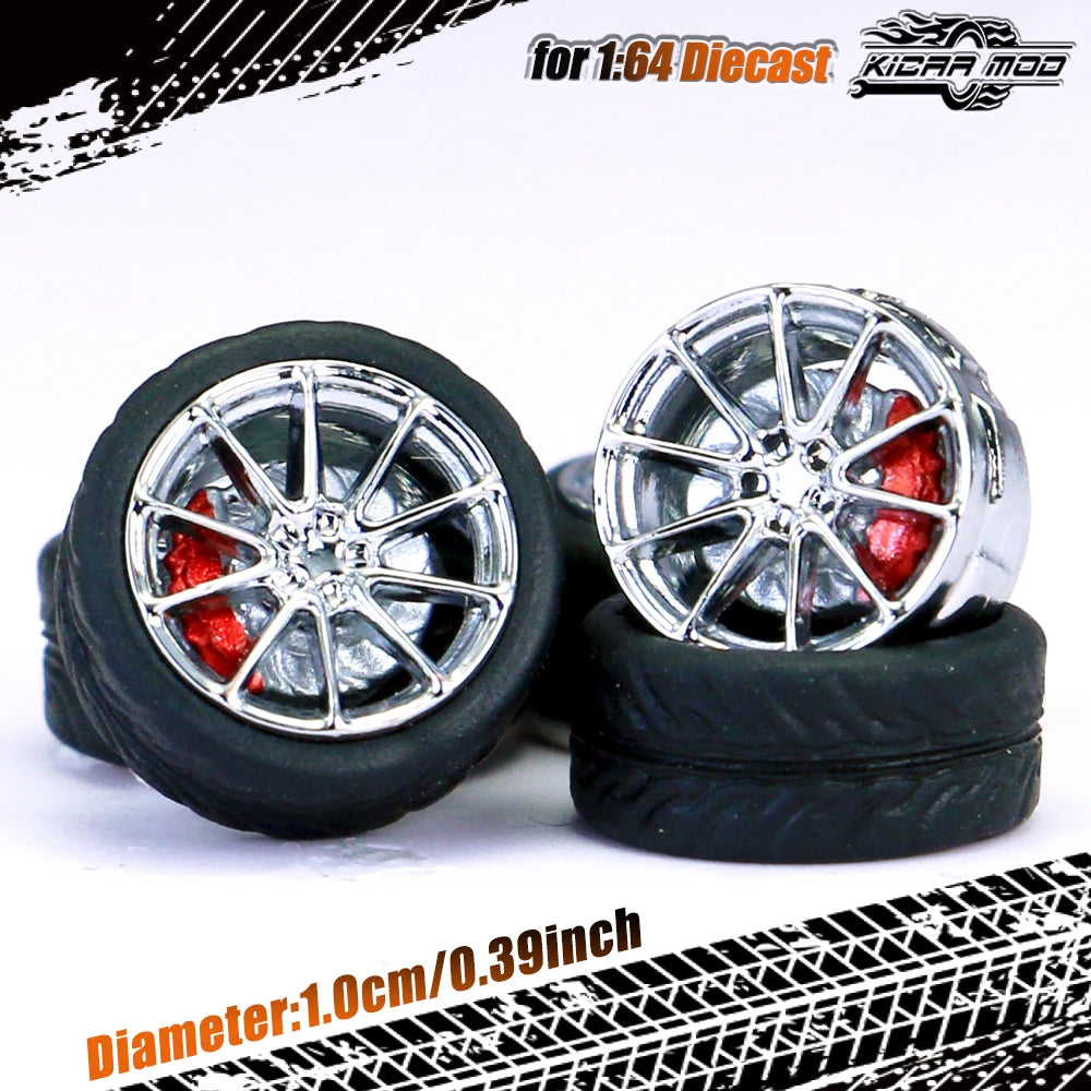 Kicarmod 1/64 Model Car ABS Wheels with Rubber Tire Brake Disc Refitting Parts Diameter 10mm For Model Car Tomica