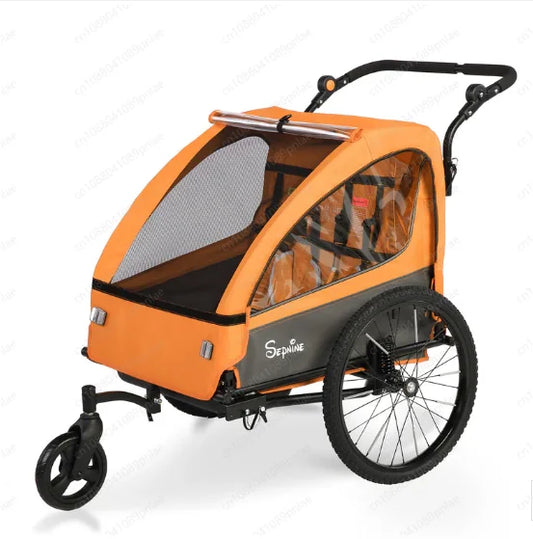 BT920 Child Bike Trailer Double Seat Max 88lbs Foldable Compact Storage Jogging Stroller Mode With Handbrake