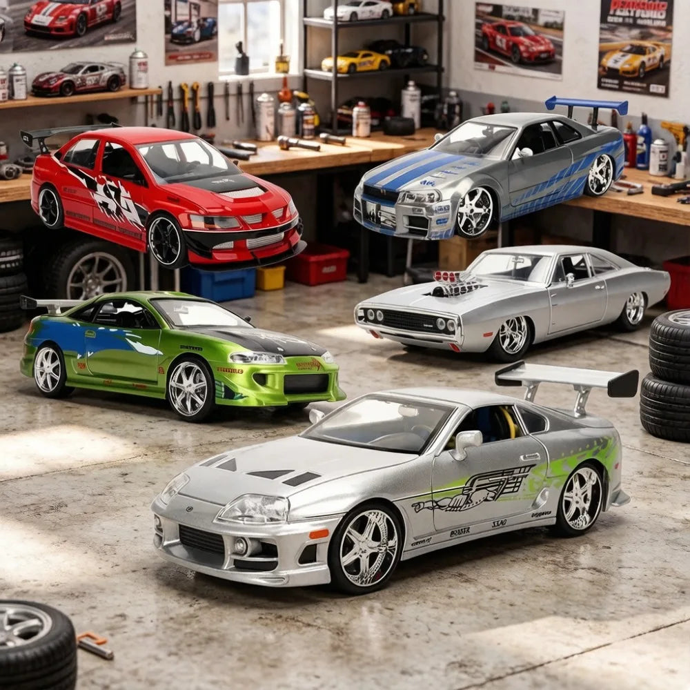 In Stock Jada 25th 1:24 Fast & Furious Dodge Charger Skyline GTR Totota Supra Mitsubishi Eclipse Lancer EVO Alloy Car  Gift Toy