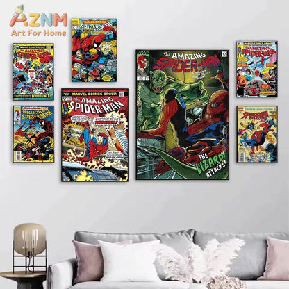 Superhero Iron Man Spider‑Man Vintage Comic Collage Canvas Wall Art Print Poster Unframed Canvas Painting Home Living Room Bed