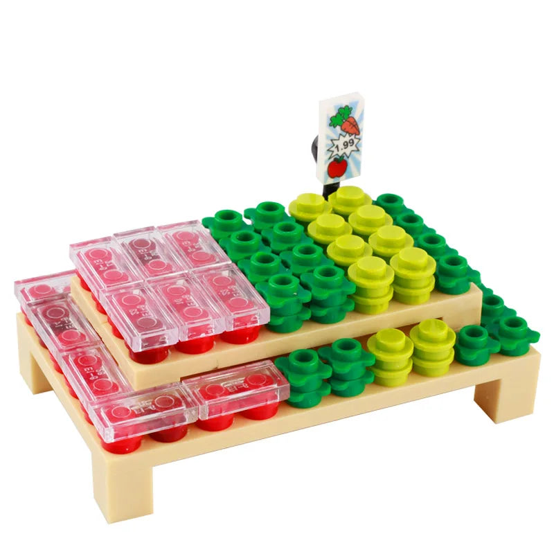 MOC City Supermarket Shop Store Building Blocks Street View Drink Food Vegetable Food Accessories Dessert Blocks Printed Bricks