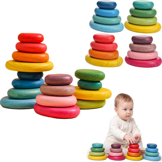 Natural Wooden Rainbow Stacking Stones Balancing Blocks Educational Montessori Toy for Color Hand Eye Coordination Baby Toys